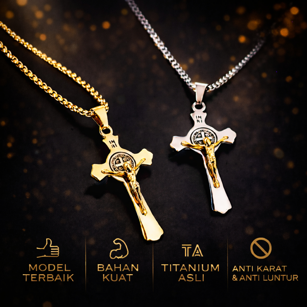 ALPHA OMEGA - Kalung Salib Pria Medali Santo Benediktus Titanium | Anti Karat 3