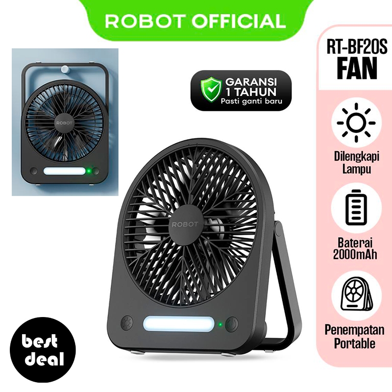 ROBOT RT-BF20S Black Kipas Angin Meja Mini Anti Bising Mini Fan Portable & Hangable Desktop Kipas Angin Kecil Gantung 2000 mAh (New RT-BF18 RT-BF20) Original - Garansi Resmi 1 Tahun