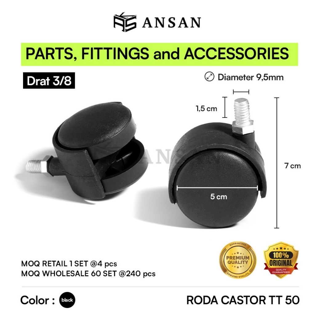Jual RODA CASTOR KASTOR TT 50mm DRAT 3/8 4PCS CASTER MEJA KURSI KANTOR ...