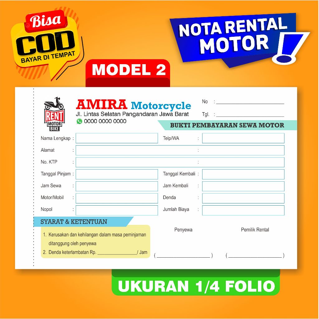 Jual NOTA KWITANSI RENTAL MOTOR UKURAN 1/4 FOLIO | Shopee Indonesia