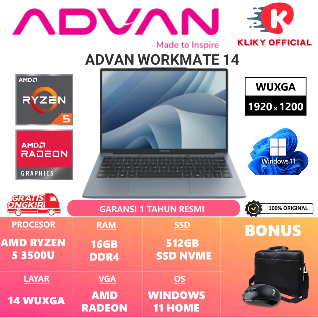 Jual ADVAN WorkMate Amd Ryzen 5 3500U Ram 16GB 512GB SSD Wuxga Windows ...