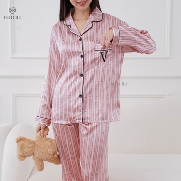 NOIRI Piyama Wanita Blue Bear Bunny Coquette Satin Premium Baju Tidur Lengan Panjang Elegan