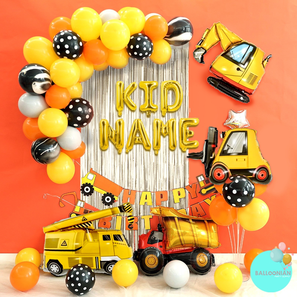 (Paket Balon Ulang Tahun Lengkap)CONSTRUCTION BALLOON GARLAND DEKORASI SET Lengkap Dengan Tirai dan Nama/Umur Anak, Balon Mobil Konstruksi Lucu