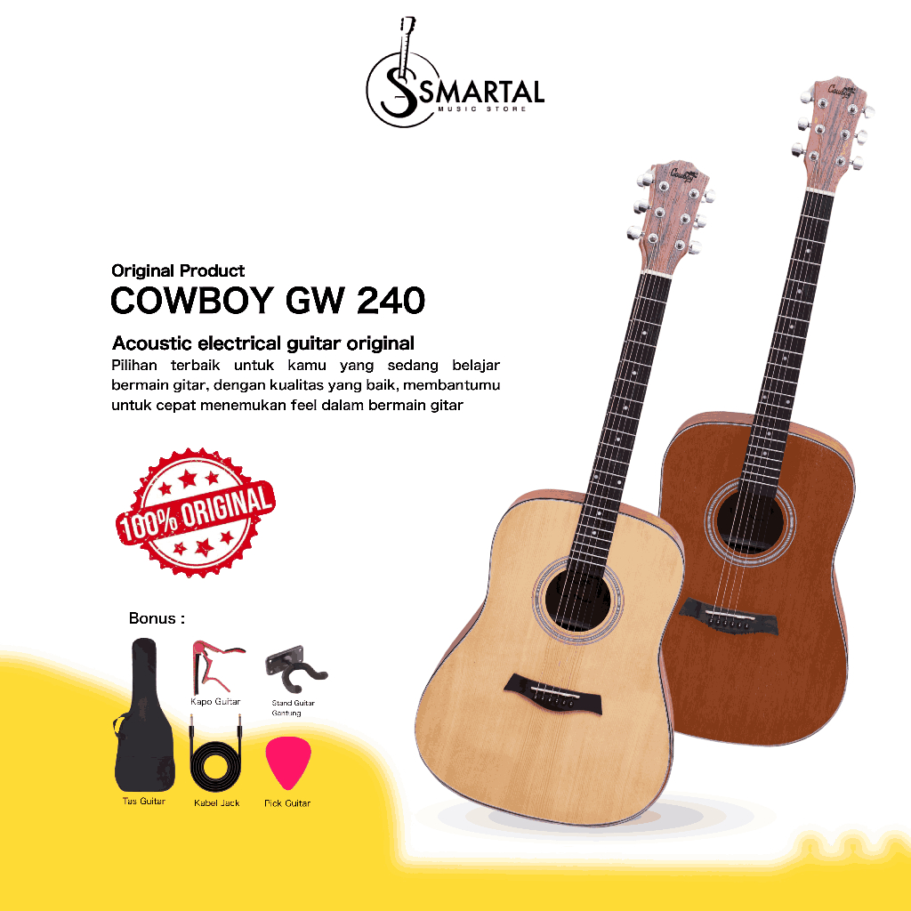 Gitar Akustik Elektrik Cowboy GW 240 NA NS Original Equaliser Tuner Cowboy Free Pack Kayu