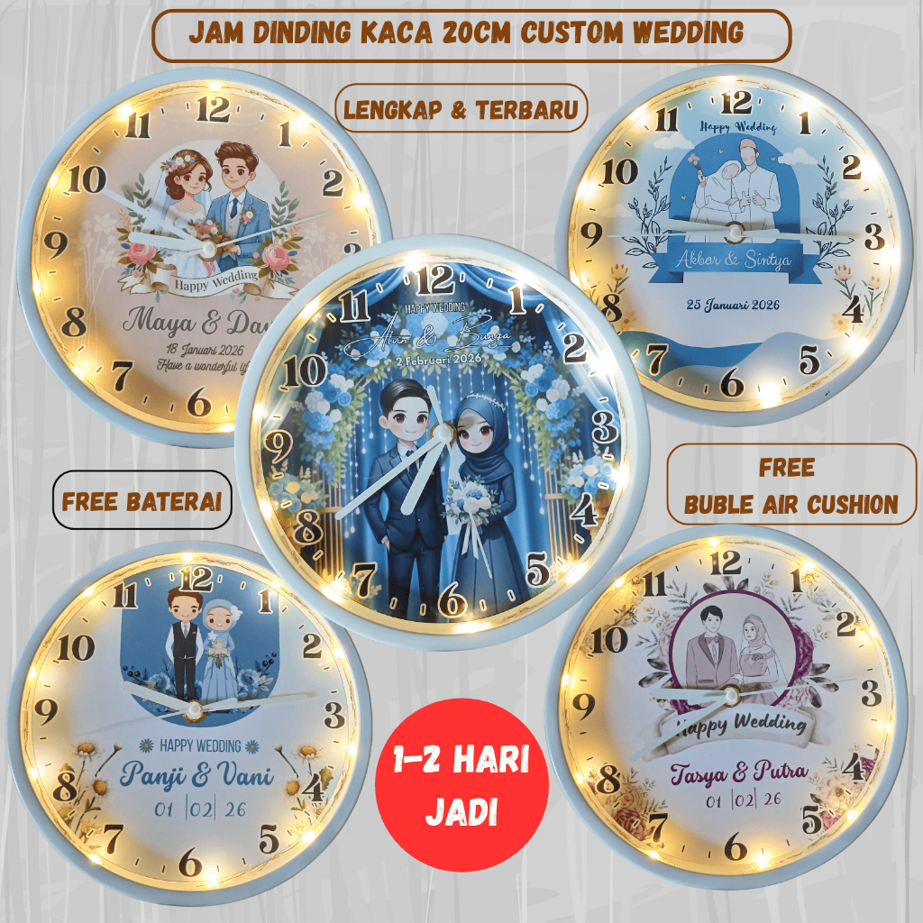 JAM DINDING KACA20CM CUSTOM FOTO HADIAH PERNIKAHAN|HAMPERS WEDDING