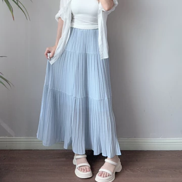 Rok Plisket Wanita Korean Style Maxi Ruffle Flowy Elegan Chiffon Premium Layer Susun Bangkok