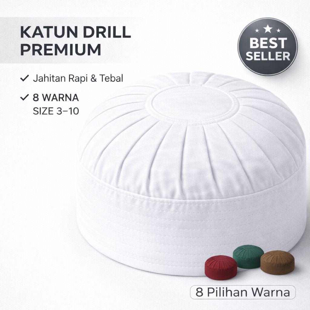 Peci Rempel Katun Drill Premium Putih Polos Dewasa Nyaman Dipakai Ibadah & Harian Size 3–10