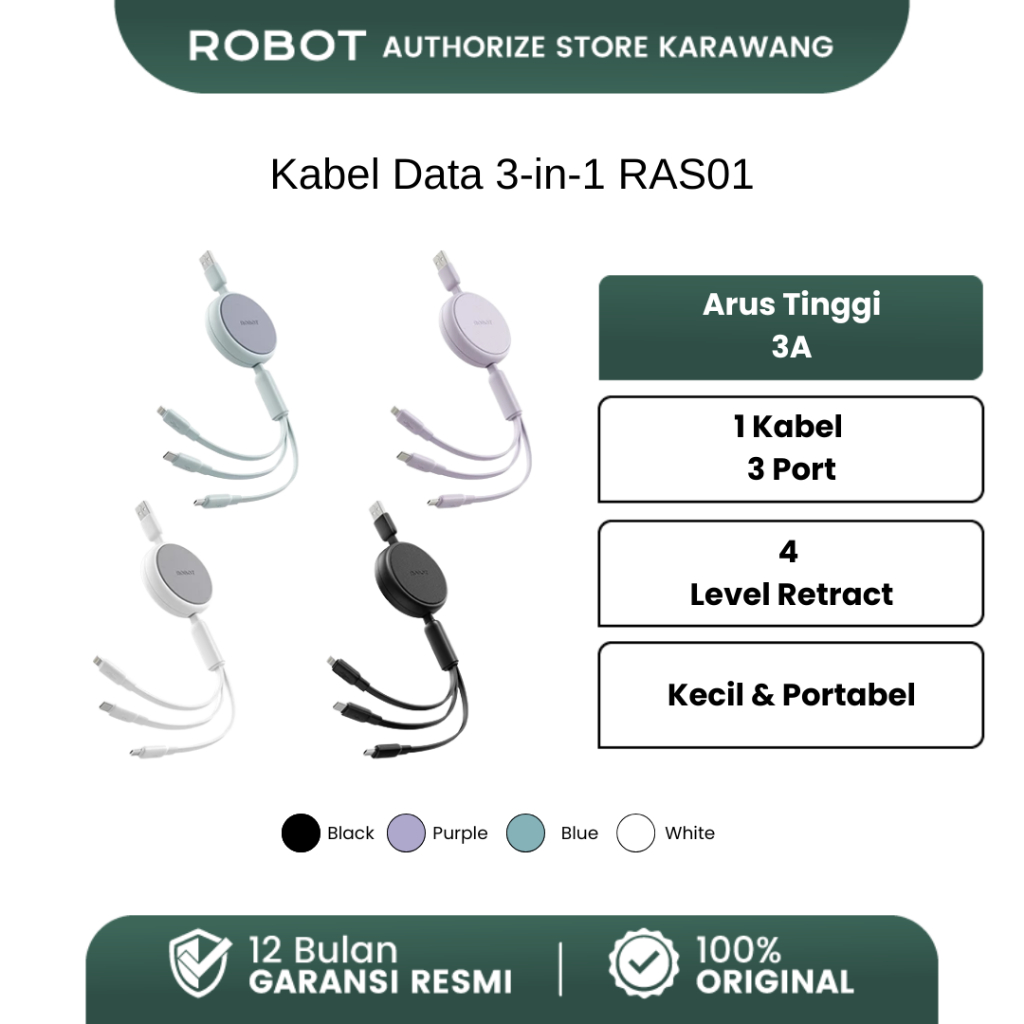 Jual [NEW] ROBOT Kabel Data 3 in 1 Fast Charging Retractable 120cm 3.5A ...