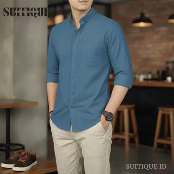Suitique ID Kemeja Lengan Panjang Pria Cotton Pique Anti Kusut Beige Nouveau Cream Formal Casual