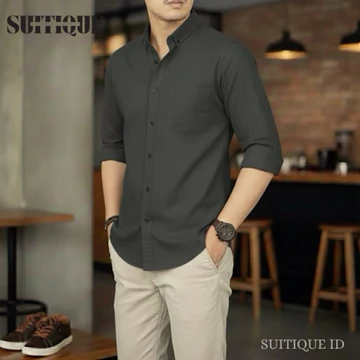 Suitique ID Kemeja Lengan Panjang Pria Cotton Pique Anti Kusut Beige Nouveau Cream Formal Casual