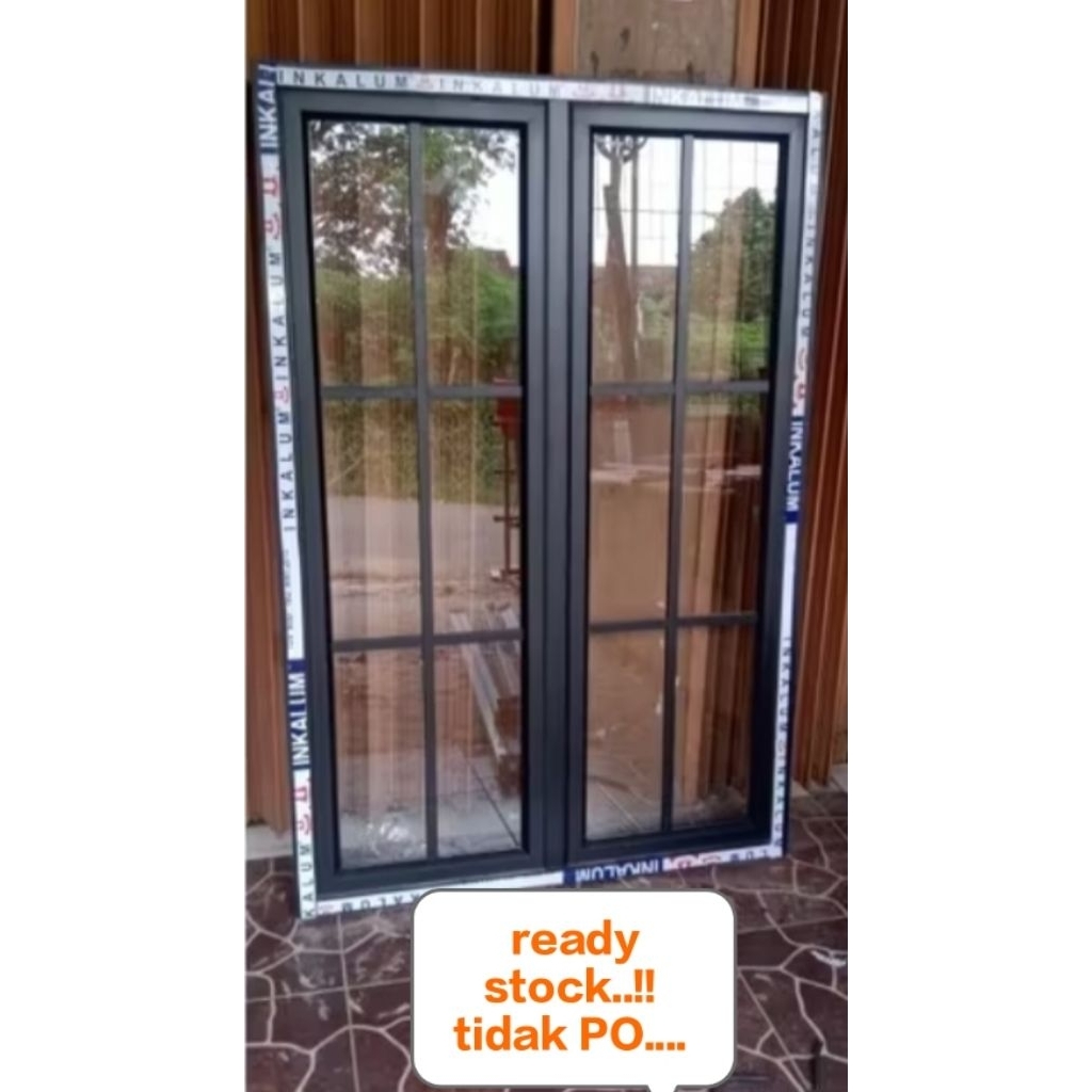 jendela aluminium T100xL80 3 inci ornamen kaca 5 mm full tersesia coklat putih hitam dua daun