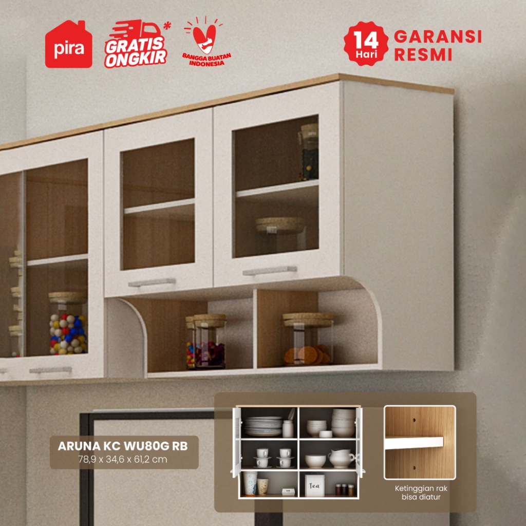 PIRA METROPOLIS OX -  ARUNA KC WU80G RB Rak Dapur / Rak Gantung Dapur / Kitchen Set Atas 2 Pintu Kaca dengan Rak Bumbu