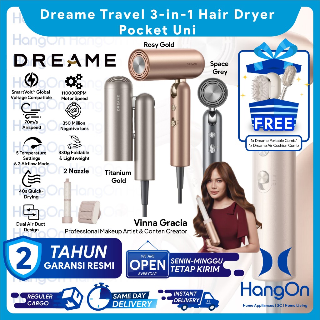 Dreame Pocket Uni 3-in-1 Hair Dryer SmartVolt Global Voltage  Travel-Friendly Curling, Unfrizz Nozzle Pengering Rambut Portable Foldable  Compact