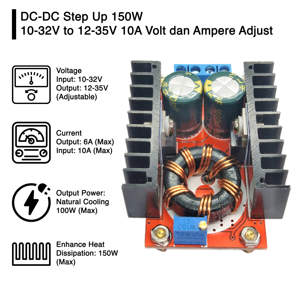 Jual DC DC Step Up 150W 10-32V to 12-35V 10A Volt dan Amper Adjust ...