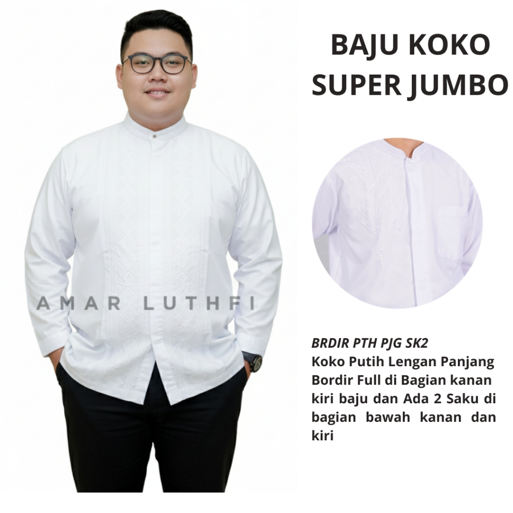 Baju Koko XXXXL Jumbo Putih Bordir Putih Senada Lengan Panjang Koko Tasik Dewasa Termurah