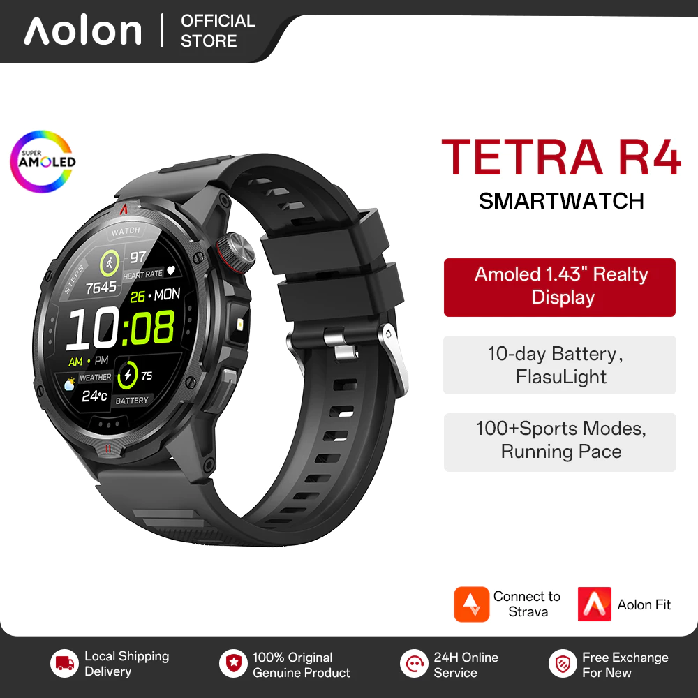 [Garansi 1 Tahun] Aolon Tetra R4 Smartwatch Pria Jam Tangan Pintar 1.43'' AMOLED AOD Strava Kompas 1 ATM Waterproof Bluetooth Call AGPS 100+ Olahraga Detak Jantung Health Monitor Smart Watch pria original 100%