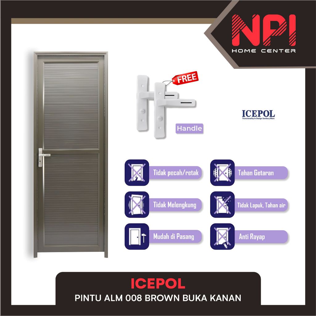 Icepol - Pintu Kamar Mandi / Toilet / WC 008 Aluminium Brown Coklat 70x200 Handle Kiri Buka Kanan