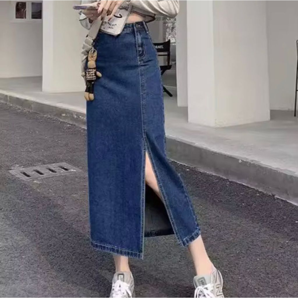 Jual Rok jeans wanita korean style higwaist belah samping rok midi ...