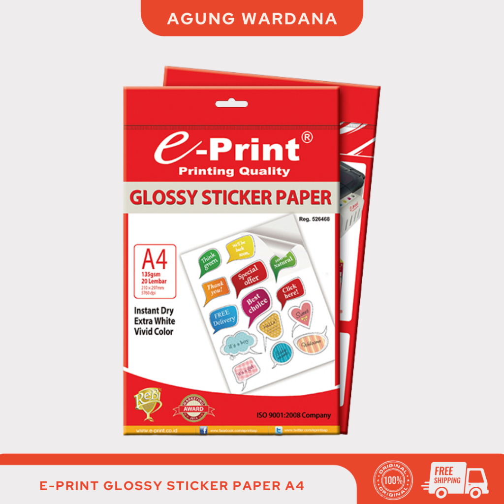 Jual E-PRINT GLOSSY STICKER PAPER A4 KERTAS STIKER GLOSSY 20 LEMBAR ...