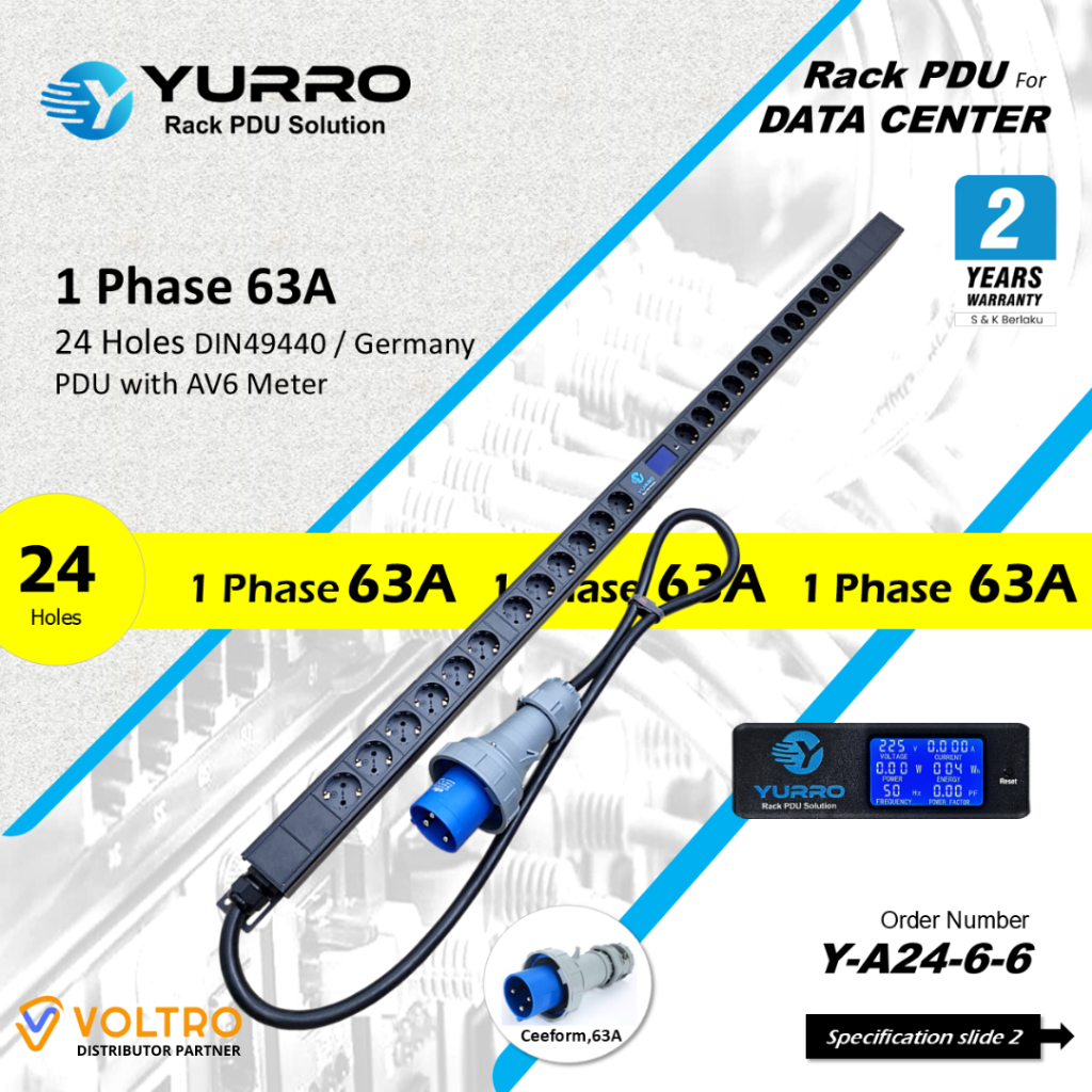 Jual YURRO PDU Germany Socket 63A 24 Outlet / Holes With AV6 Meter ...