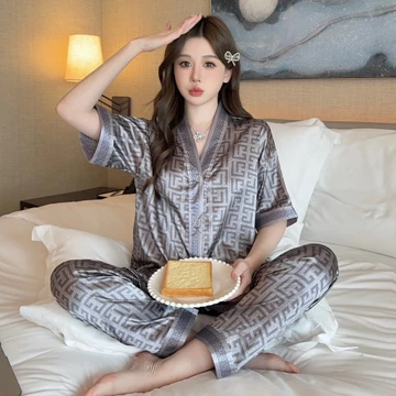 Setelan Baju Tidur Piyama Wanita Dewasa Satin Premium Lengan Pendek Celana Panjang 003