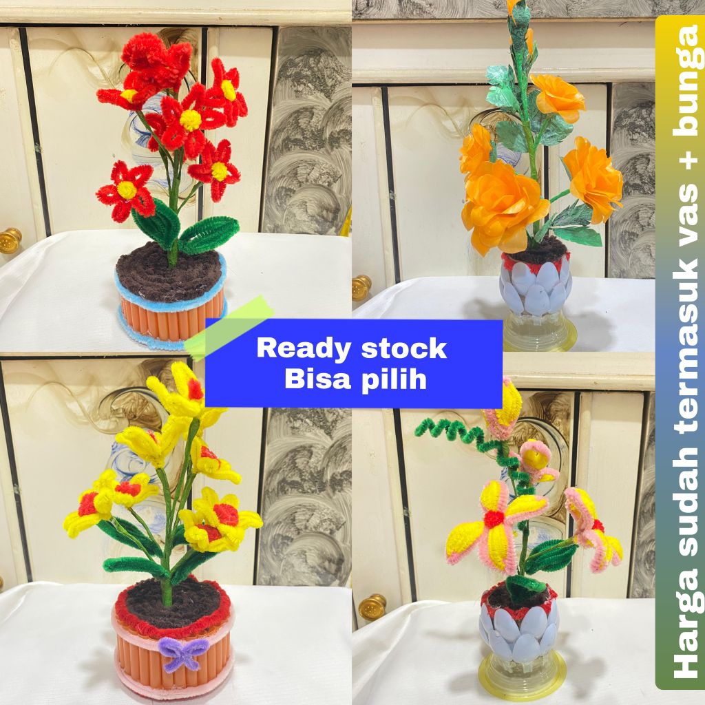 Ready stock! bisa pilih hiasan vas + bunga dari kawat bulu dan sedotan
