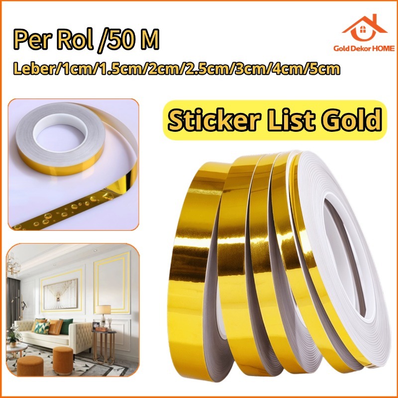 Gold Dekor 50 Meter Stiker Pembatas Keramik/Stiker List Gold/Anti Air Stiker Dekorasi PanelLebar/Dekorasi Rumah