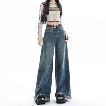 Loyka Plus Size Celana Jeans Cewek Wide Leg Highwaist Kulot Fashion Loose Biru Celana Baggy