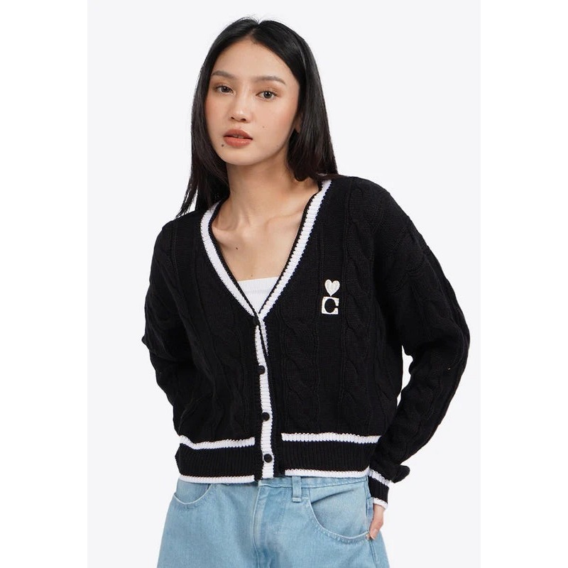 Jual COLORBOX Long Sleeve Varsity Knit Cardigan Black | Shopee Indonesia