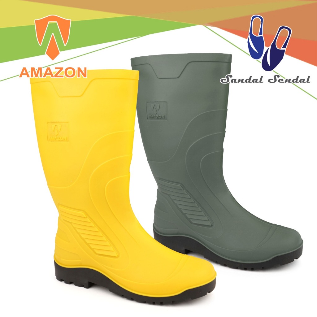 Sepatu Boot Tinggi AMAZON Hijau Kuning Lentur Nyaman Ringan Lokal Karet Perkebunan