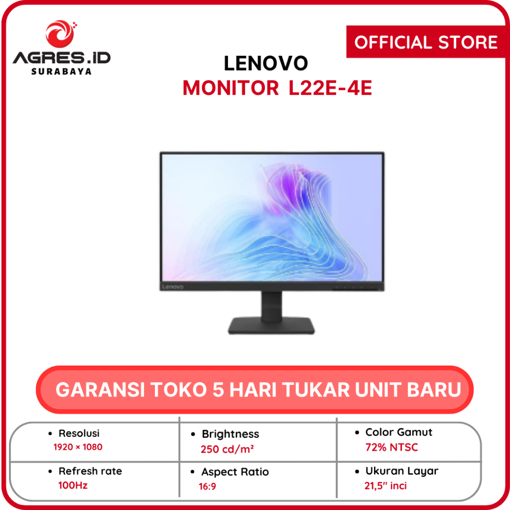 Jual LENOVO MONITOR 22 INCH L22E-4E IPS FHD 1080P 4MS 100HZ BLACK 3Y ...
