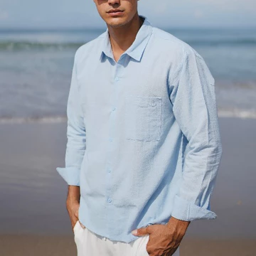 BEACHWELL Kemeja Lengan Panjang Linen Katun Angel Pria Oversized Bordir Anchor Polos Premium