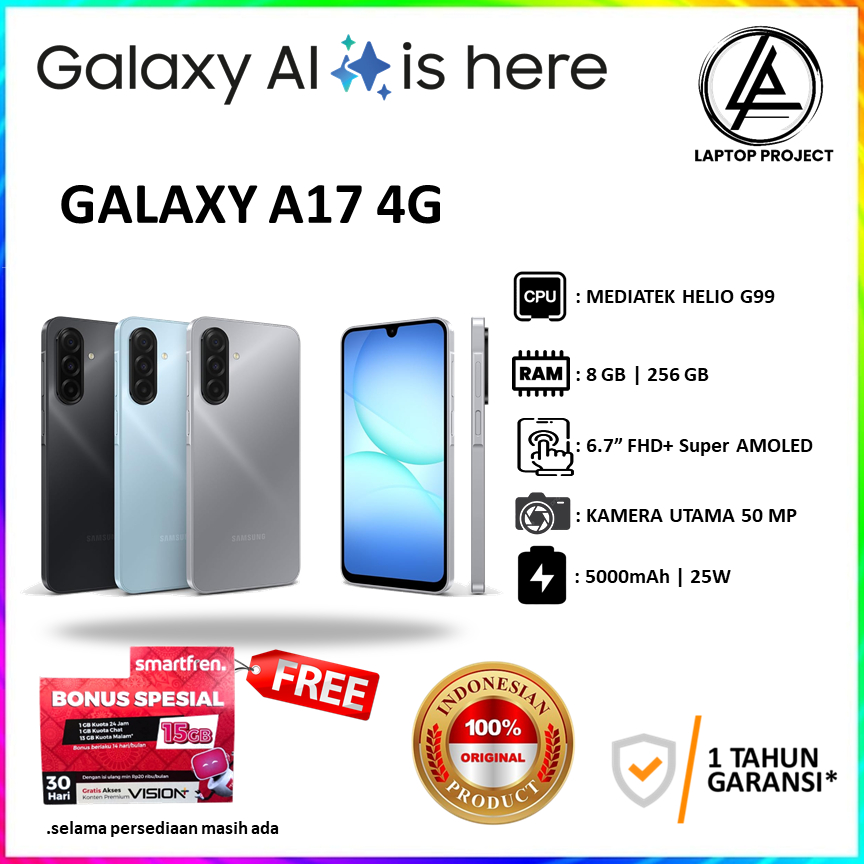 Samsung GALAXY A17 4G LTE 8/256GB 8/128GB MediaTek Helio G99 Gaming Garansi Resmi Samsung Indonesia