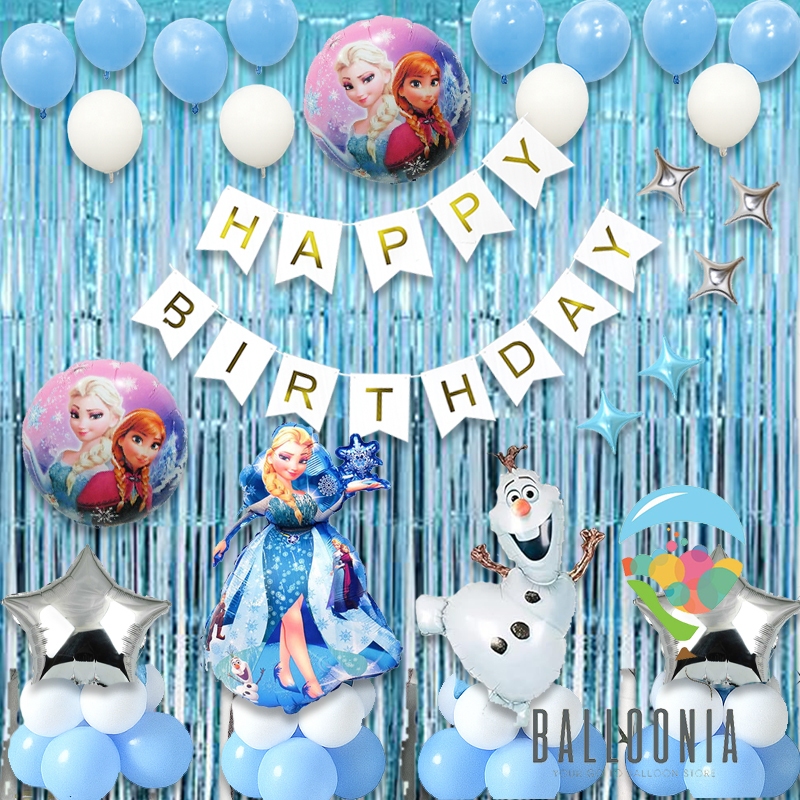 SET Foil Balloon Frozen Banner Happy Birthday Decoration / Paket Dekorasi Ulang Tahun Elsa  Perempuan / Anak Anak / Balon Dekorasi Pesta MURAH MERIAH