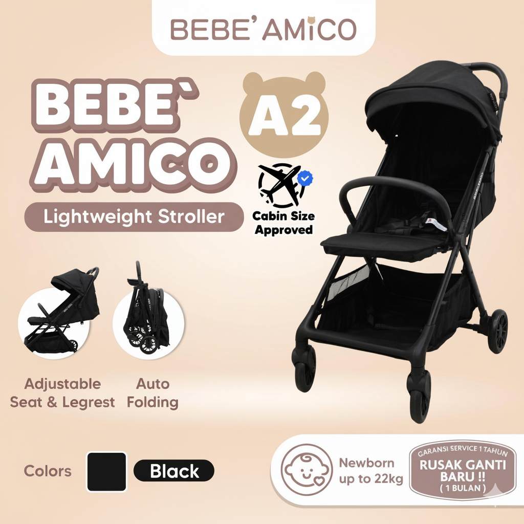 Jual BEBE AMICO A2 Lightweight Cabin Size Stroller Auto Folding Kereta ...