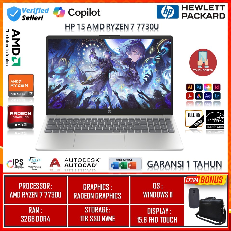Laptop Gaming AMD Ryzen 7 7730U HP 15 dengan RAM 32GB DDR4 dan SSD 1TB