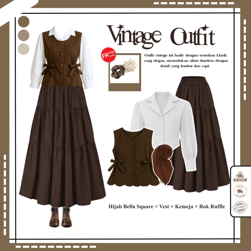 Leka Ootd Vintage 4in1 Hijab Vest Kemeja Rok