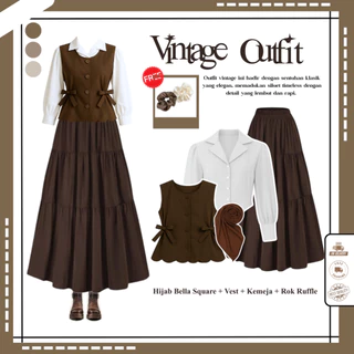 Leka Ootd Vintage 4in1 Hijab Vest Kemeja Rok