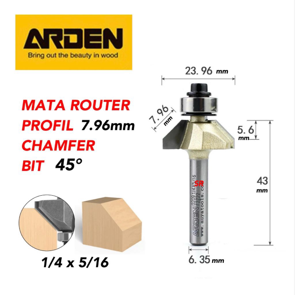 Jual Mata Router/ Profil 8mm (1/4×5/16) Chamfer Bits 45 Derajat ARDEN ...