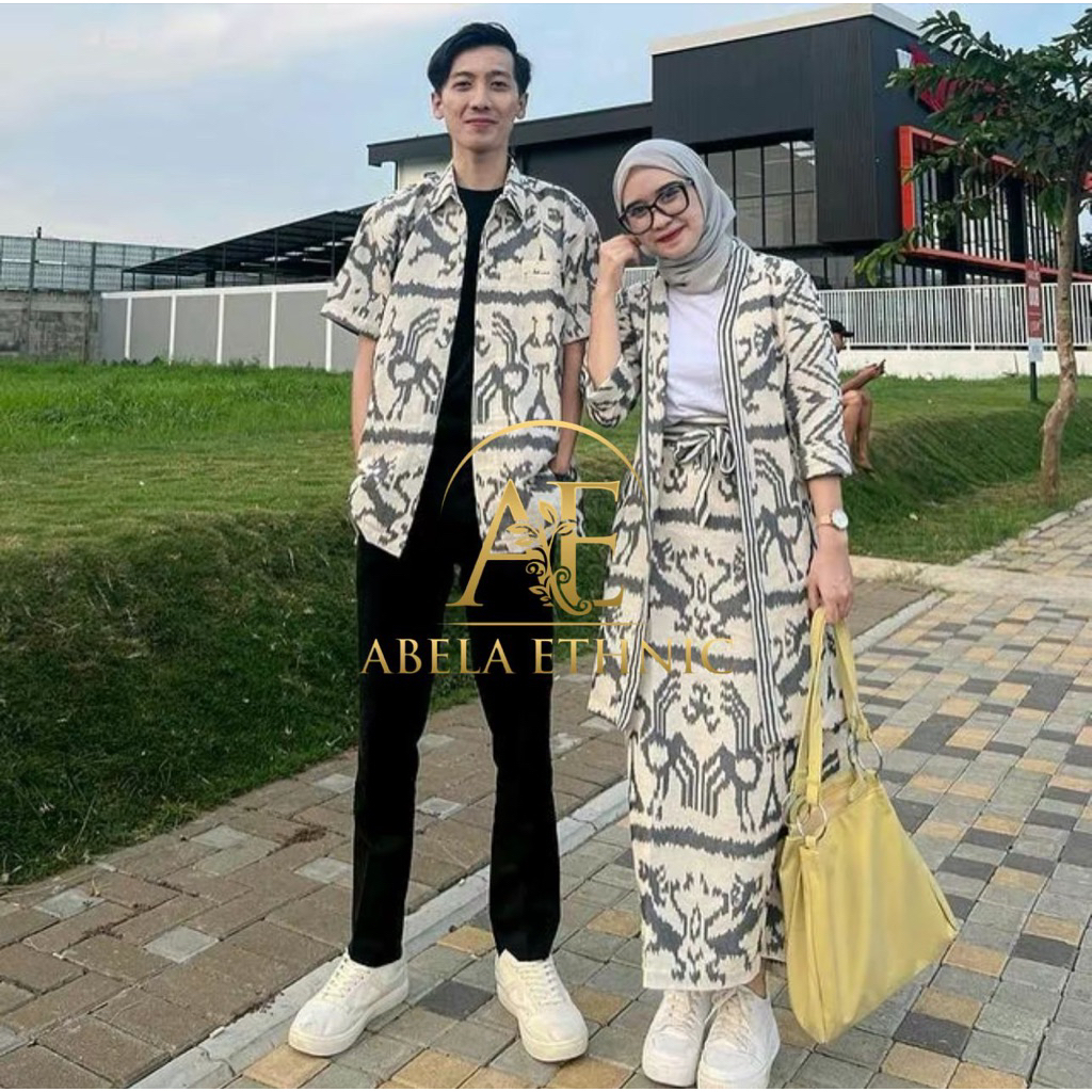 READY STOCK - MADAM WHITE GREY NTT  01 - Baju tenun couple - baju kondangan tenun