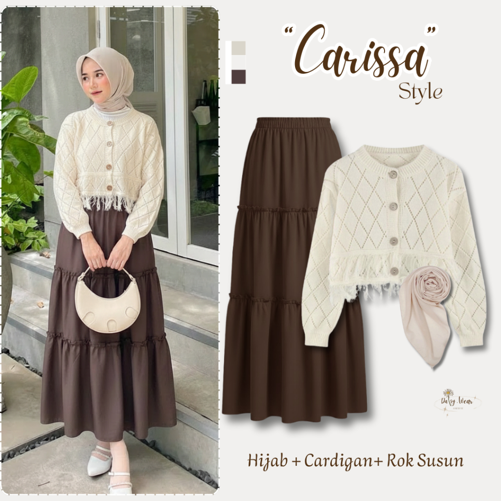 Jual 3in1 Carissa Outfit | Hijab + Cardigan + Rok Susun | Bawahan Layer ...