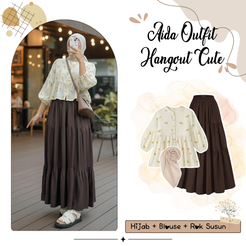 Jual Aida One Set Korean Style Outfit ( Hijab Bella + Blouse + Rok ...