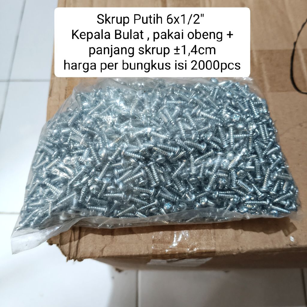 Jual Per Kotak Skrup putih 6 x 1/2 inch kepala bulat pakai obeng plus ...