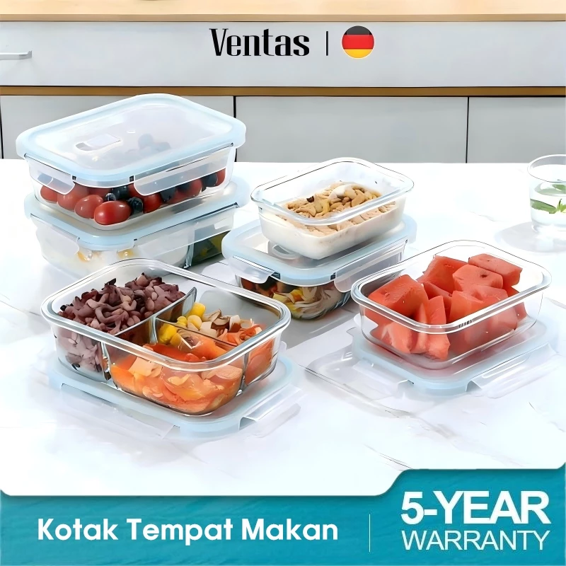 Gambar penjual beberapa kotak makan kaca VENTAS berisi bekal dengan tutup putih
