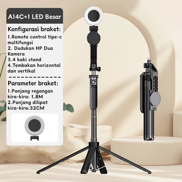 Tech 180CM Aluminium Selfie Stick Tongsis Tripod Bluetooth 4 Kaki Selfie Stick Untuk 2 HP