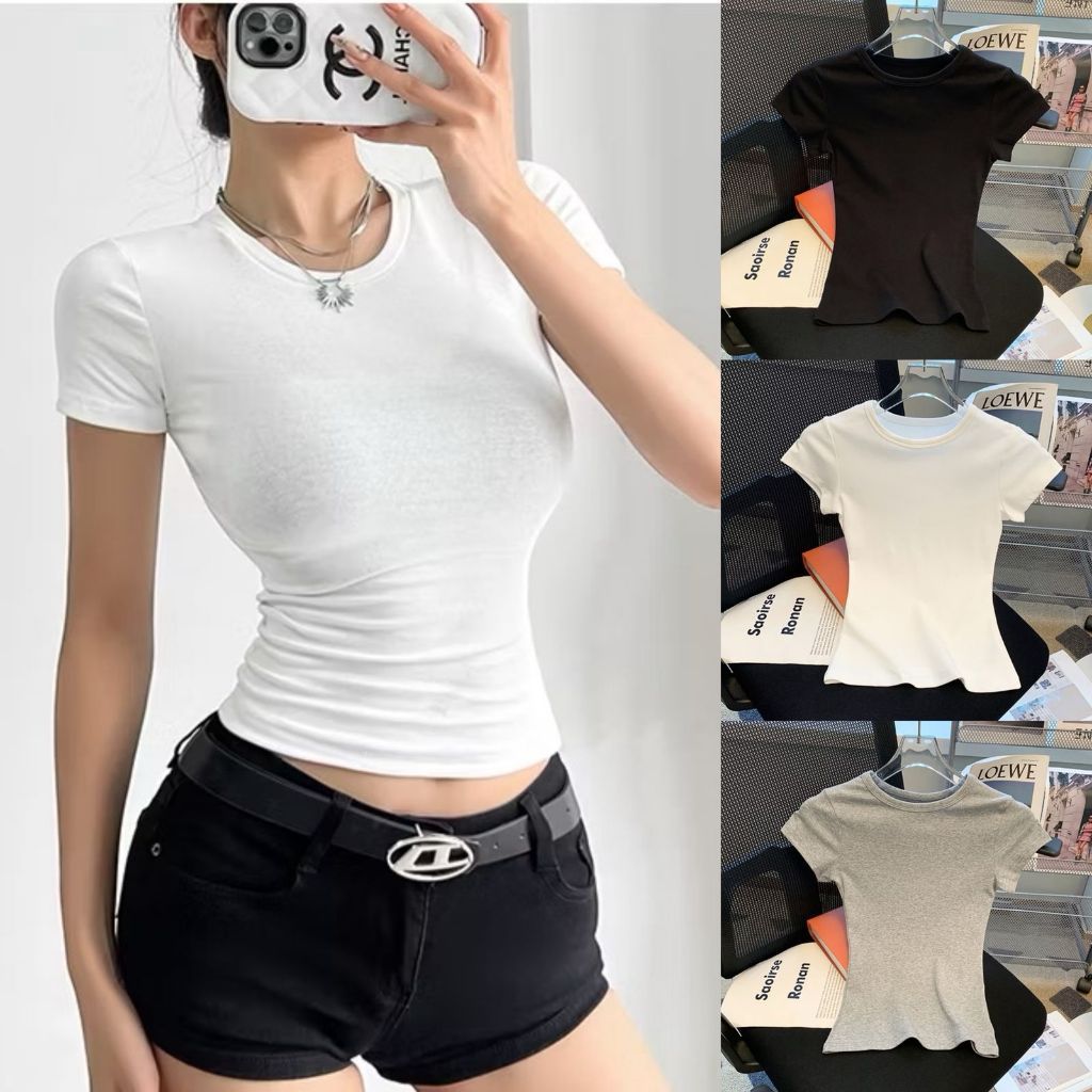 Kaos Wanita Crop Top Korea Cotton Strech Korean Style