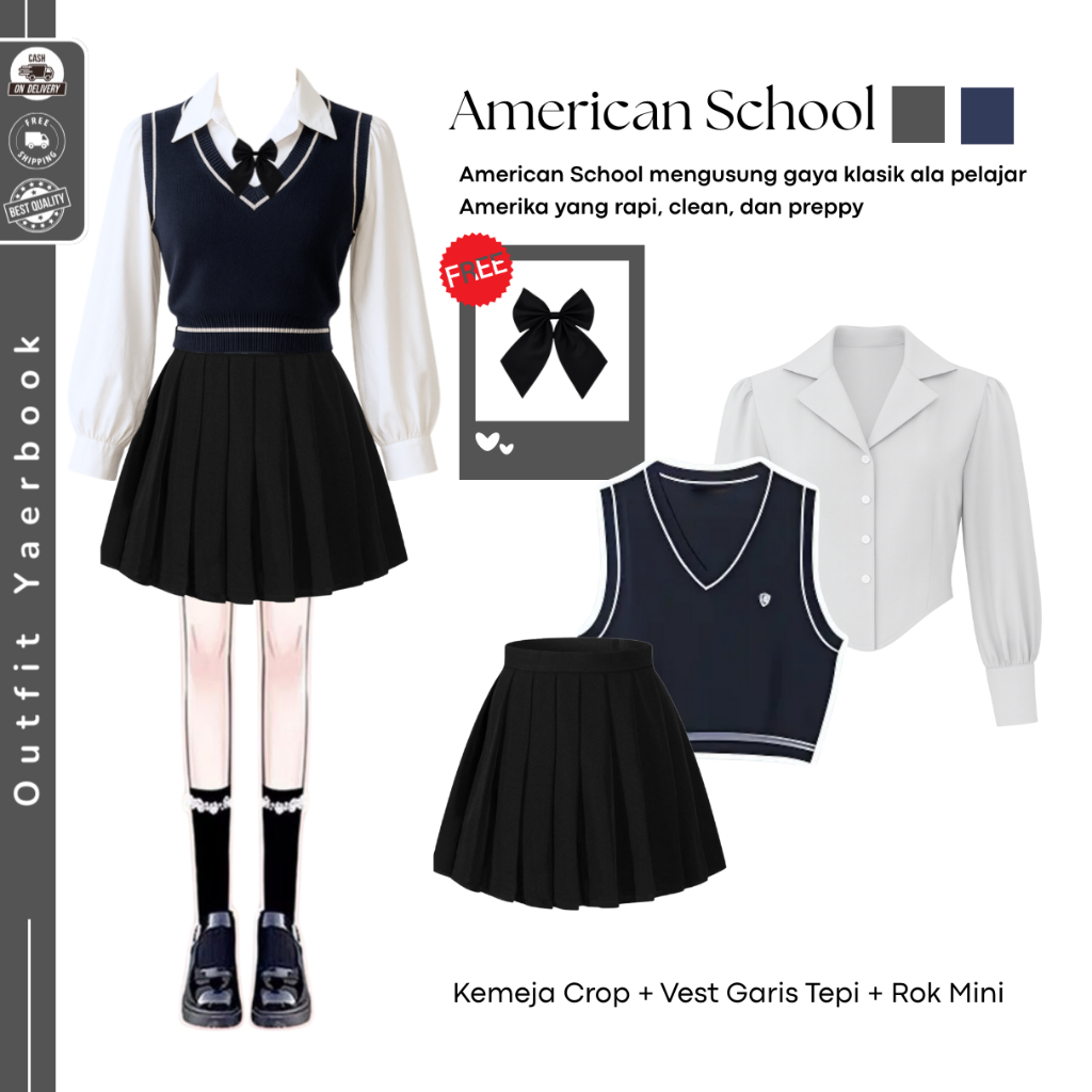 Jual Setelan Yearbook Viral ( Vest + Kemeja Puff + Rok Mini Hitam ...