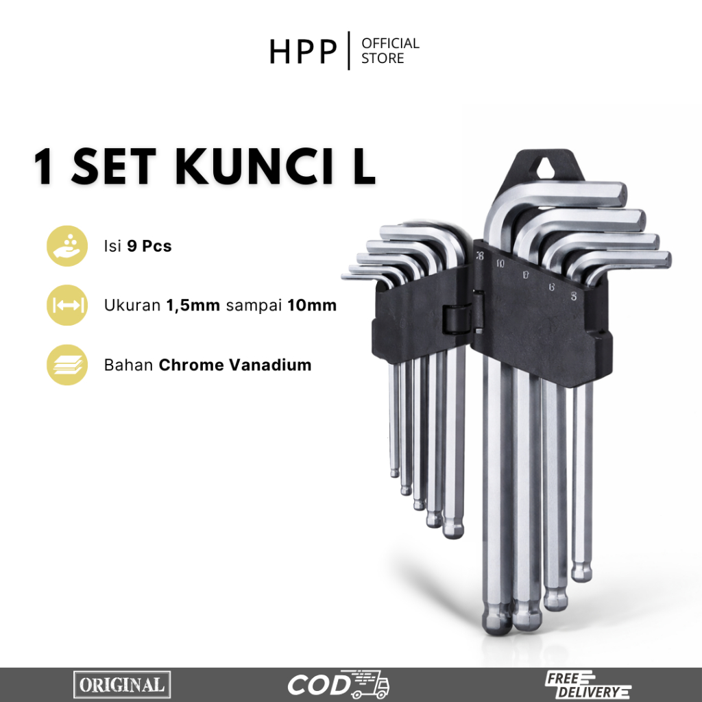 Jual HPP Set Kunci L Hex 9 Pcs 1.5-10mm / Hex Set Key Chrome Vanadium ...