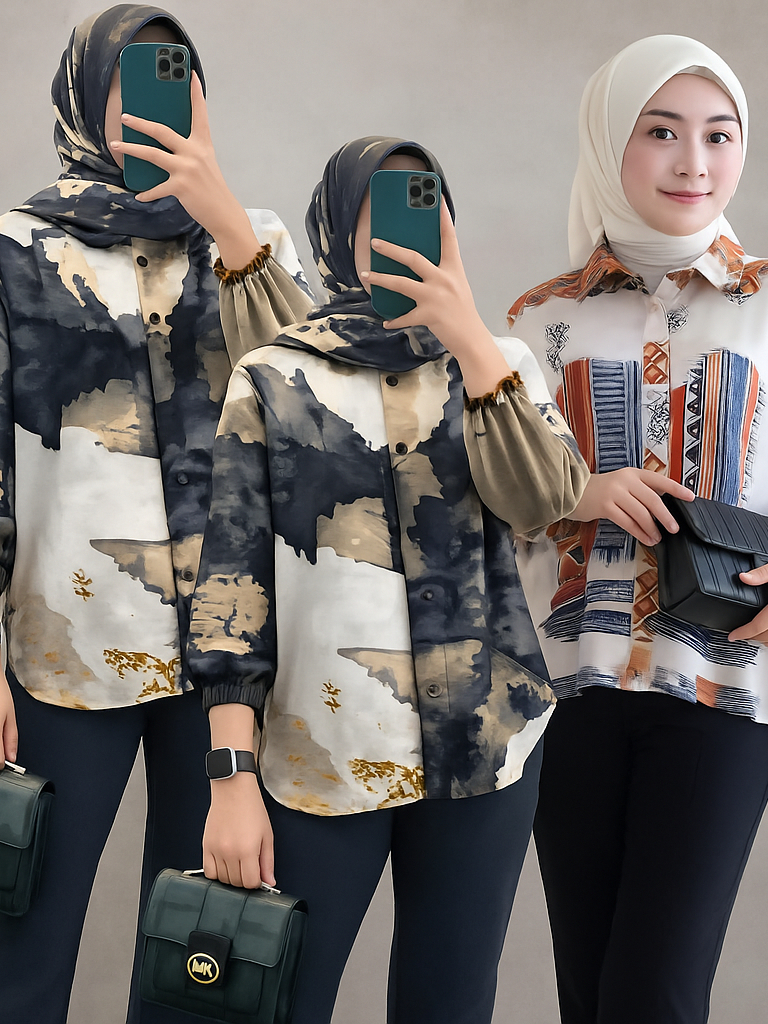 Jual kemeja motif abstrak wanita jumbo lengan panjang 7/8 katun rayon ...