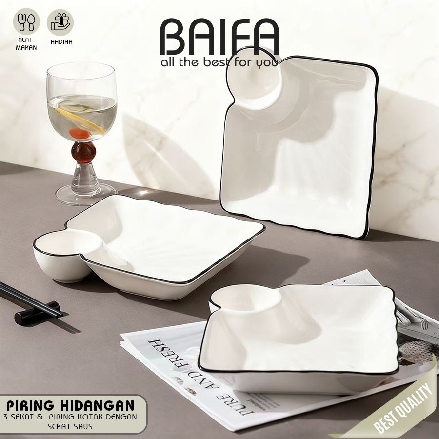 Jual BAIFA - Piring Sekat Saji Tableware Keramik Putih Tebal List Hitam ...